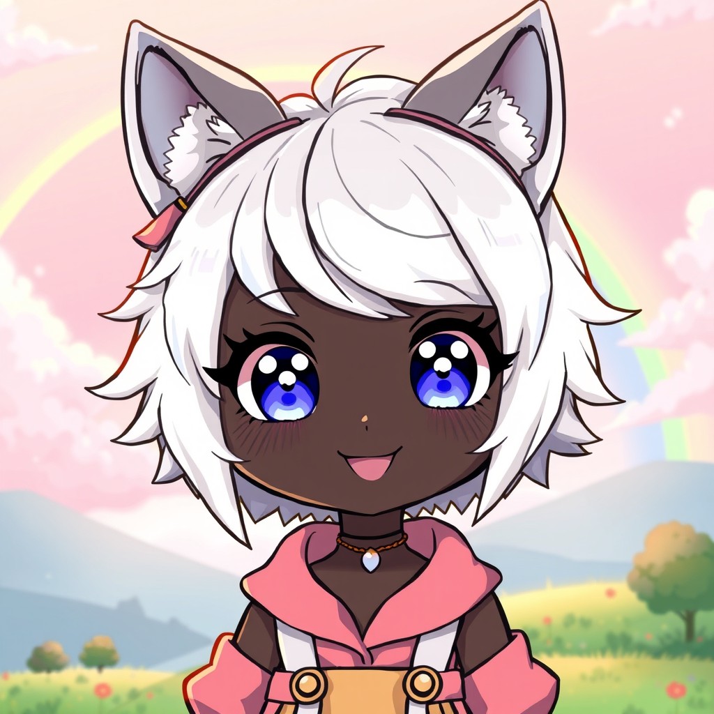 A cute dark skin girl with fluffy white hair and enchanting wolf ears, illustrated in a cheerful anime style