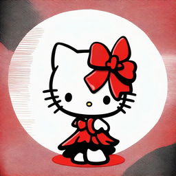 An adorable digital art image of Hello Kitty, her iconic bow and dress are in vivid red, contrasting with her body which is black