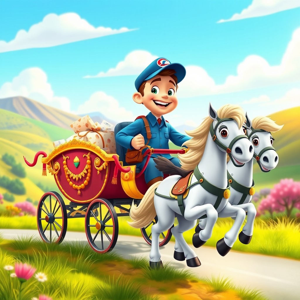 A vibrant and colorful animation scene featuring a cheerful mailman riding a classic chariot