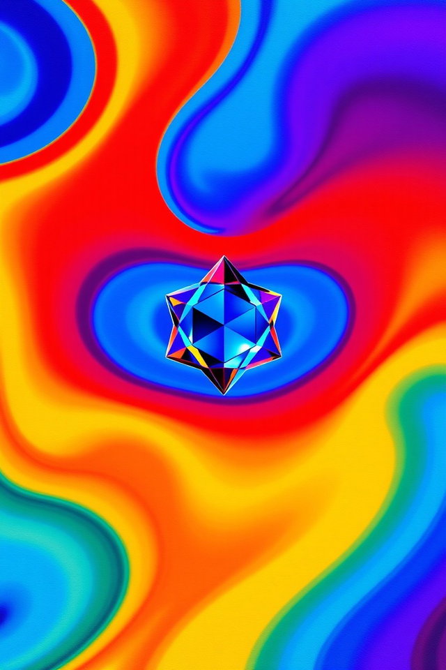 A visually striking album cover with an abstract design, featuring bold, swirling colors such as deep blues, fiery reds, and bright yellows