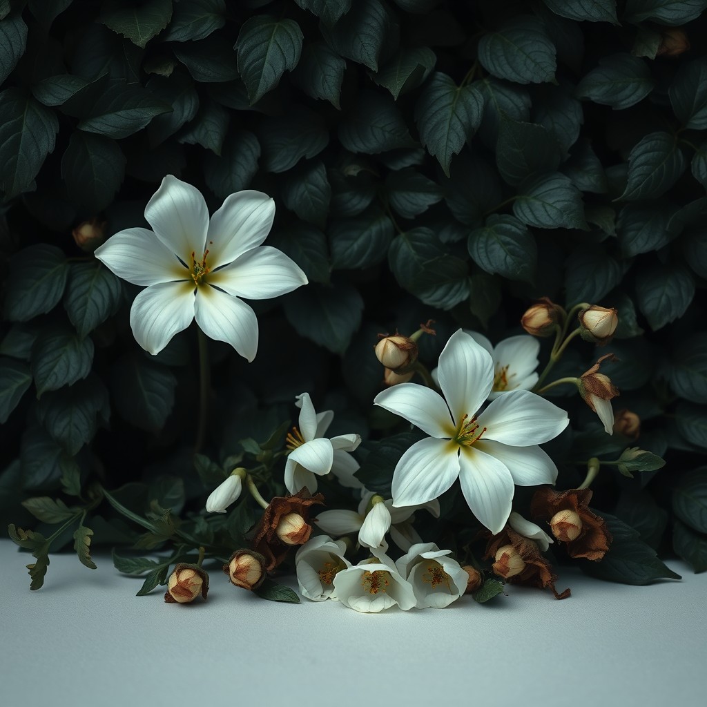 A captivating image composition featuring pale white flowers in full bloom alongside withering flowers, set against a dark, dense ivy background