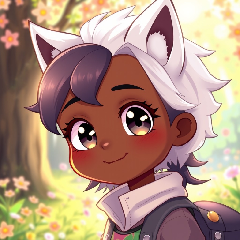 A cute dark skin girl with fluffy white hair and enchanting wolf ears, illustrated in a delightful anime style