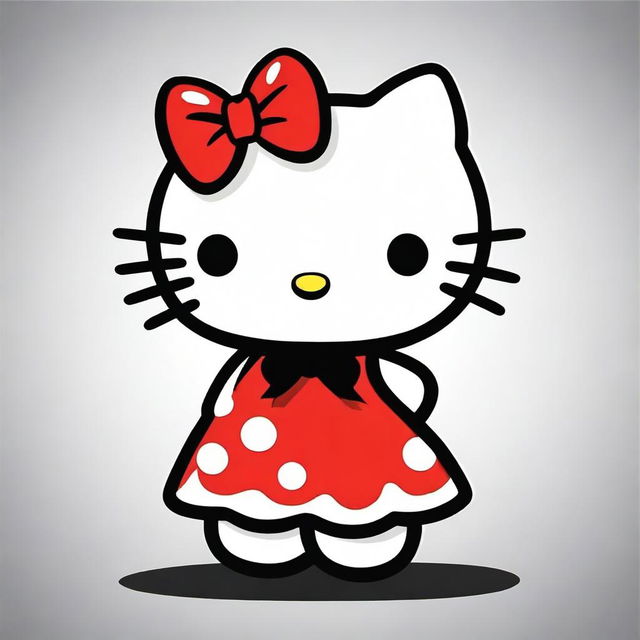 An adorable digital art image of Hello Kitty, her iconic bow and dress are in vivid red, contrasting with her body which is black