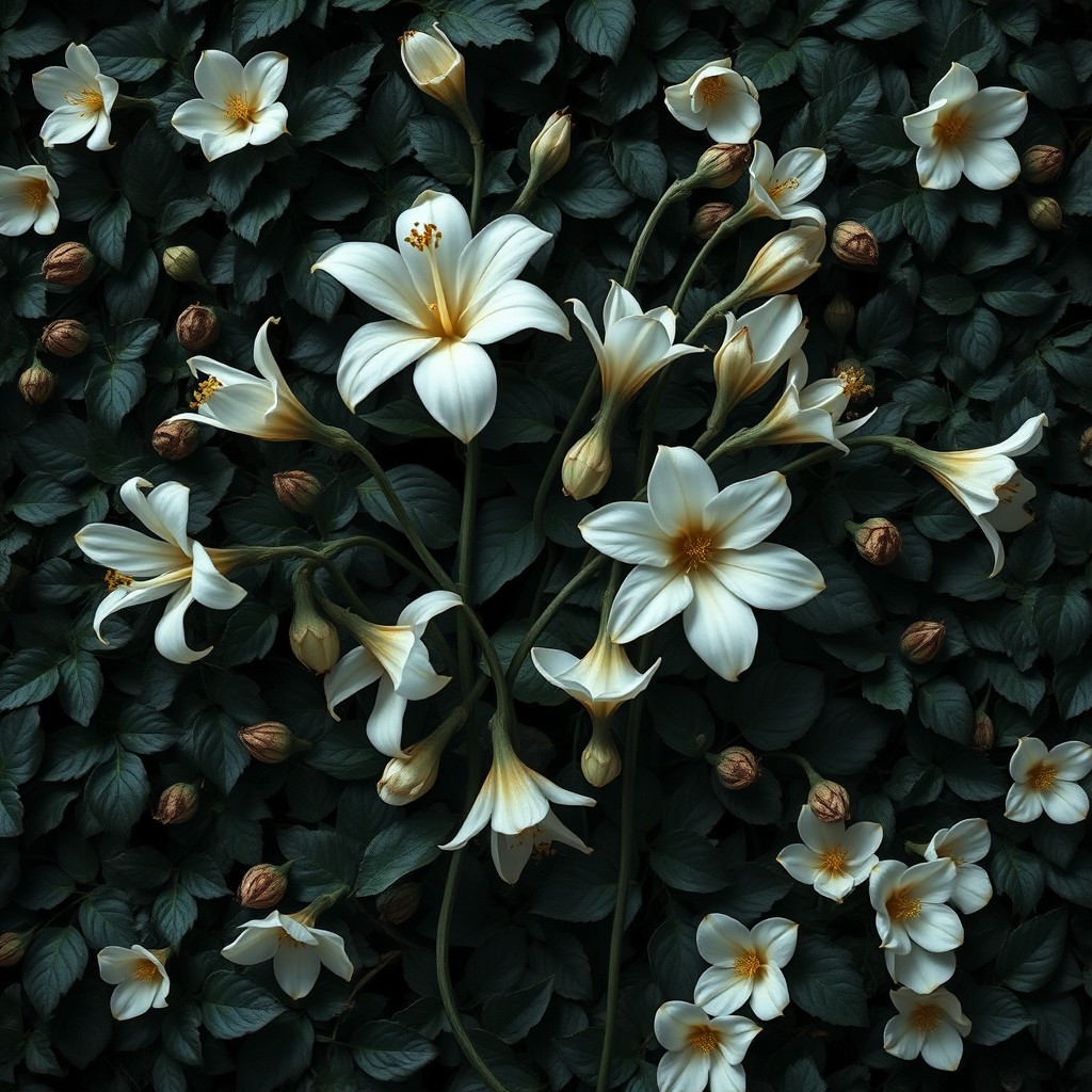 A stunning baroque-gothic-fantasy digital art composition showcasing pale white flowers elegantly blooming amidst some withering, all set against a rich, dark dense ivy background