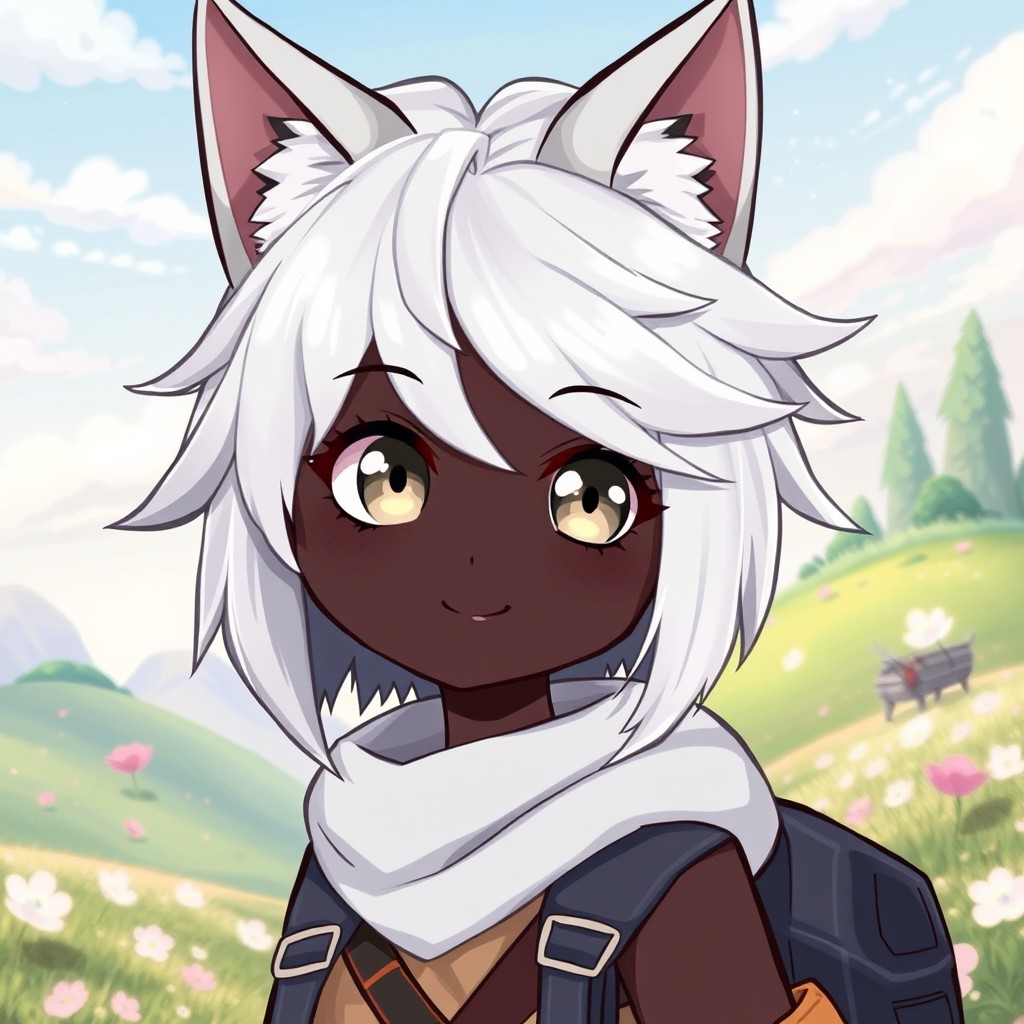 A dark skin girl with striking white hair and captivating wolf ears, illustrated in a charming anime style