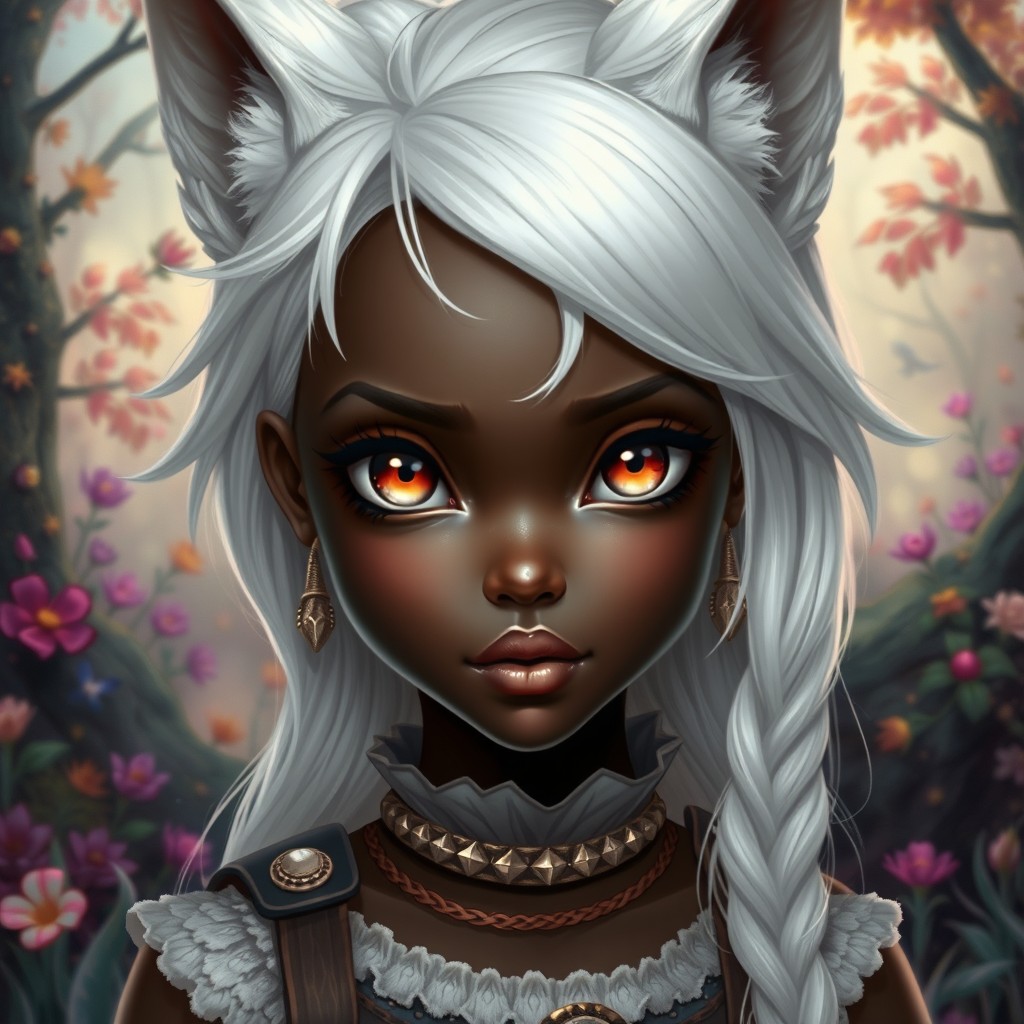 A dark skin girl with striking white hair and prominent wolf ears, depicted in a captivating and artistic style