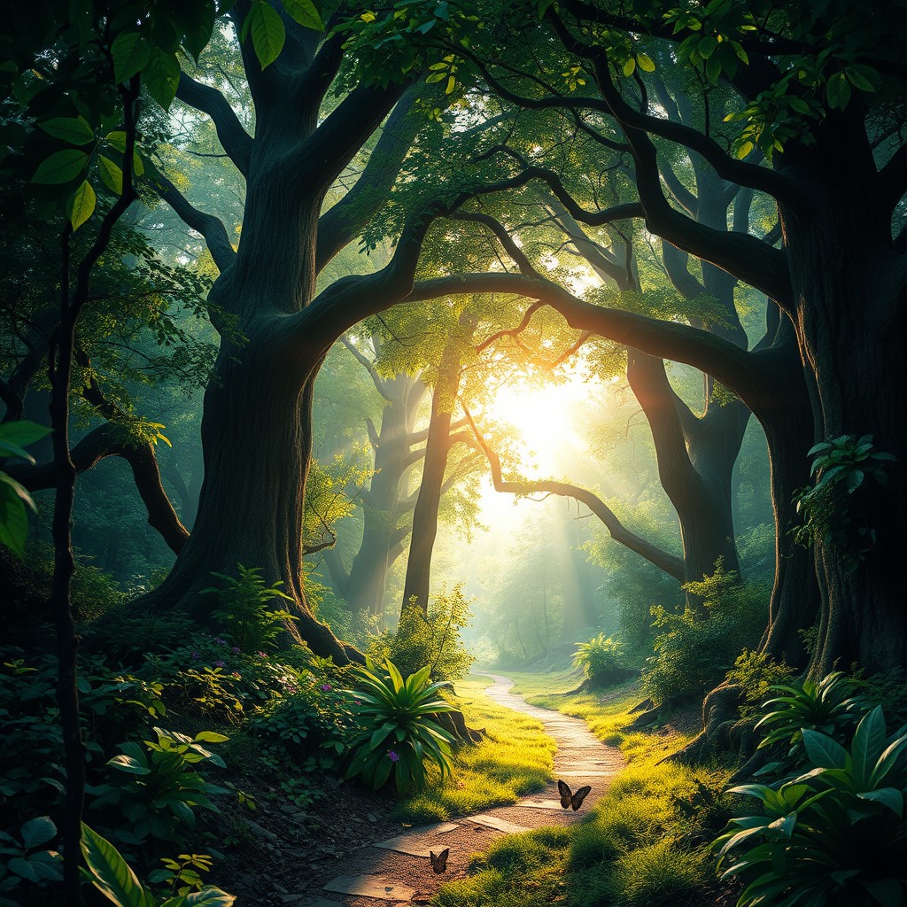 A visually captivating book cover design without a title, featuring a mystical forest scene with lush, vibrant greenery and tall, ancient trees
