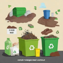 An accurate and engaging picture illustrating proper solid waste management, showing different types of waste being sorted into recycling, compost, and trash bins in a clean and safe environment.