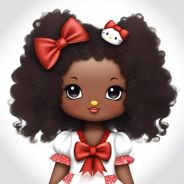 A highest-quality digital art image of Hello Kitty, reimagined with dark skin, curly hair, and long fancy nails