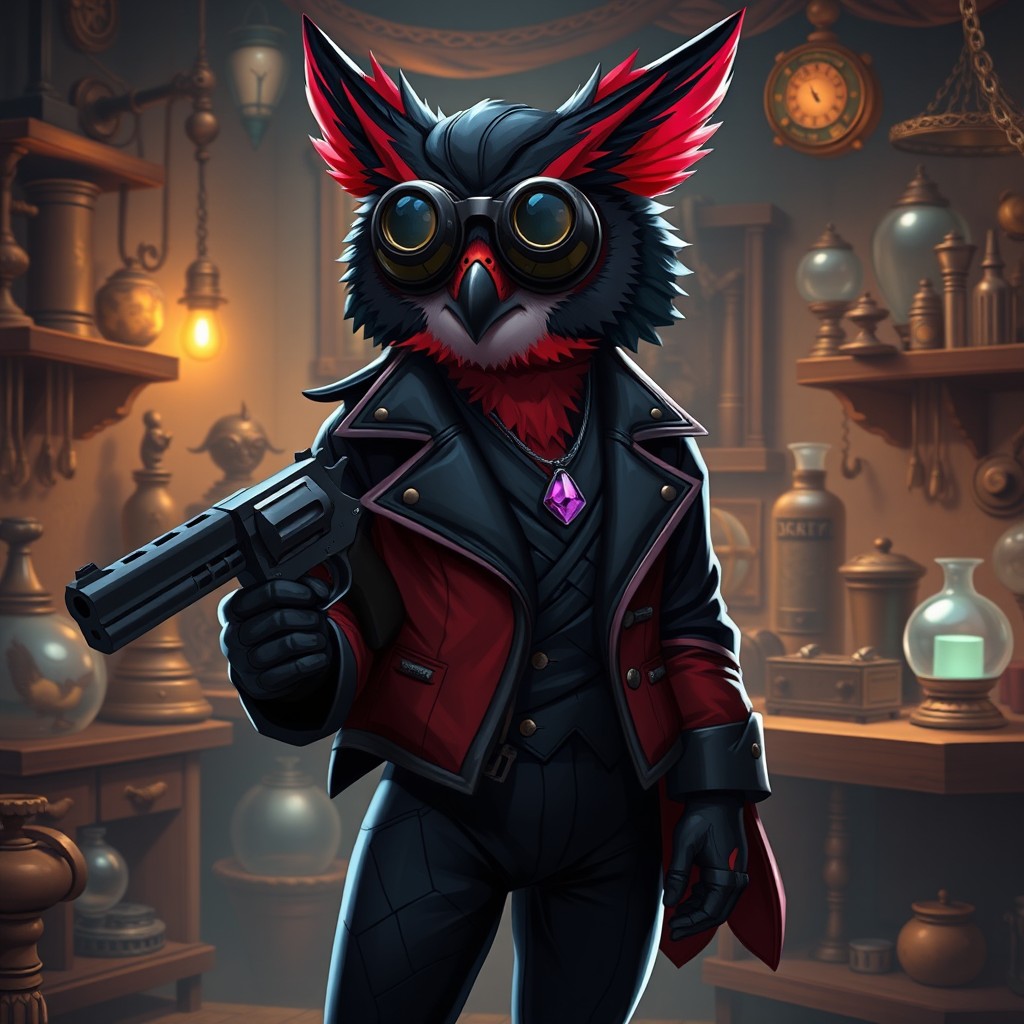 An Owlin character with a deep black and red color scheme, depicted as an artificer