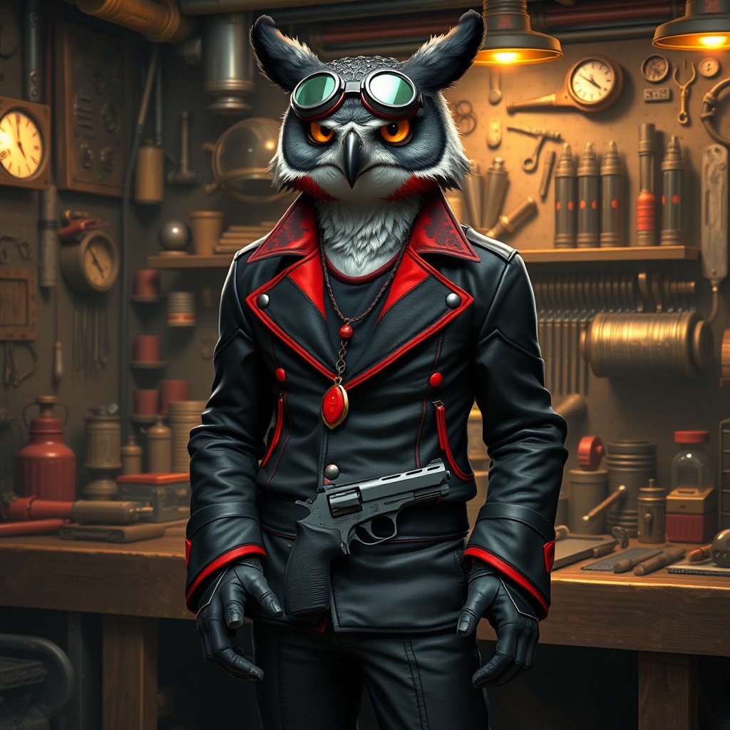 A human-sized male Owlin character, featuring a deep black and enhanced red color scheme, depicted as an artificer
