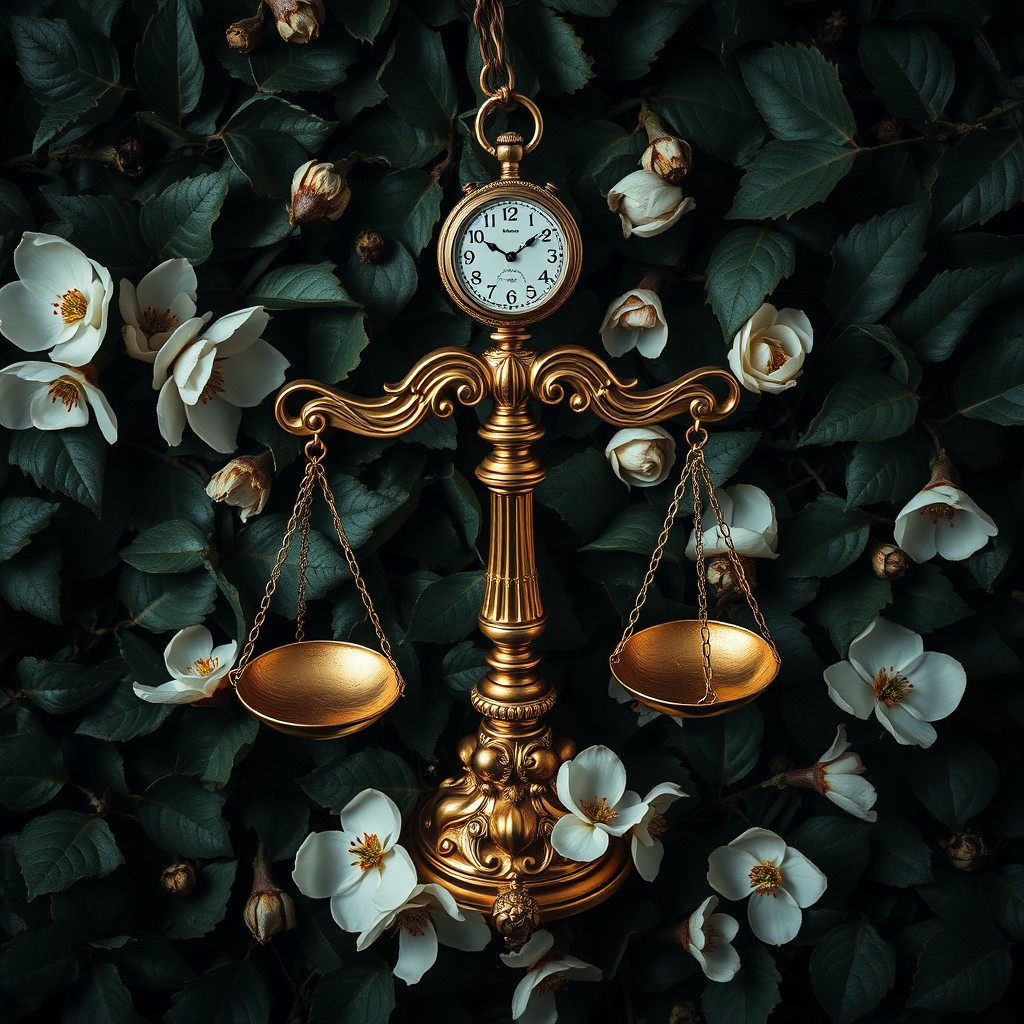 A striking baroque-inspired scene featuring a golden scale of justice laid on a dark green ivy background