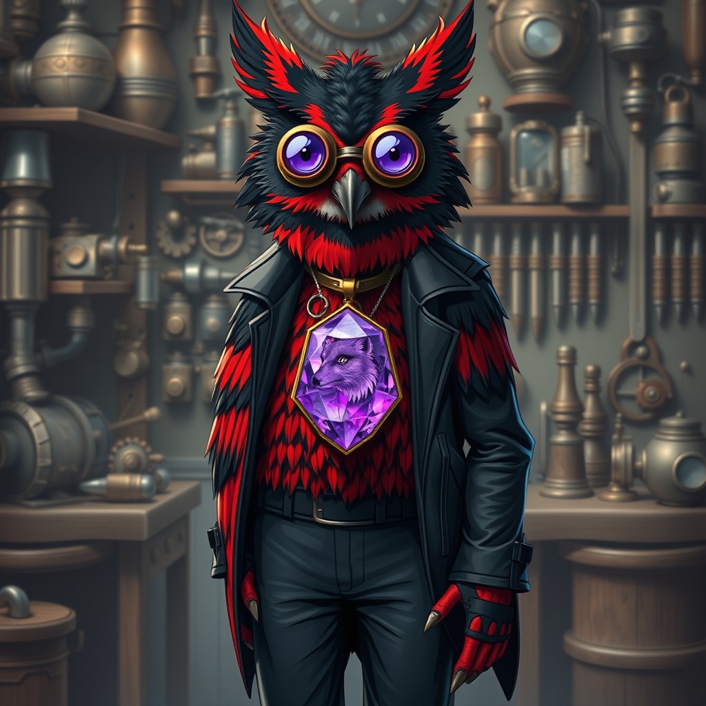 A striking black and red Owlin artificer character, dressed in a sleek black leather jacket and matching black pants
