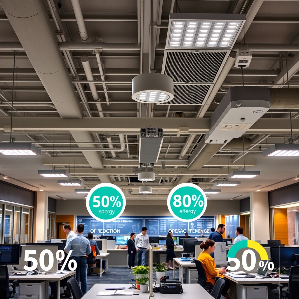 A modernized lighting setup within a government office environment, showcasing bright, energy-efficient LED lights illuminating the workspace, providing a comfortable and safe atmosphere for employees and visitors