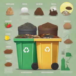 An accurate and engaging picture illustrating proper solid waste management, showing different types of waste being sorted into recycling, compost, and trash bins in a clean and safe environment.