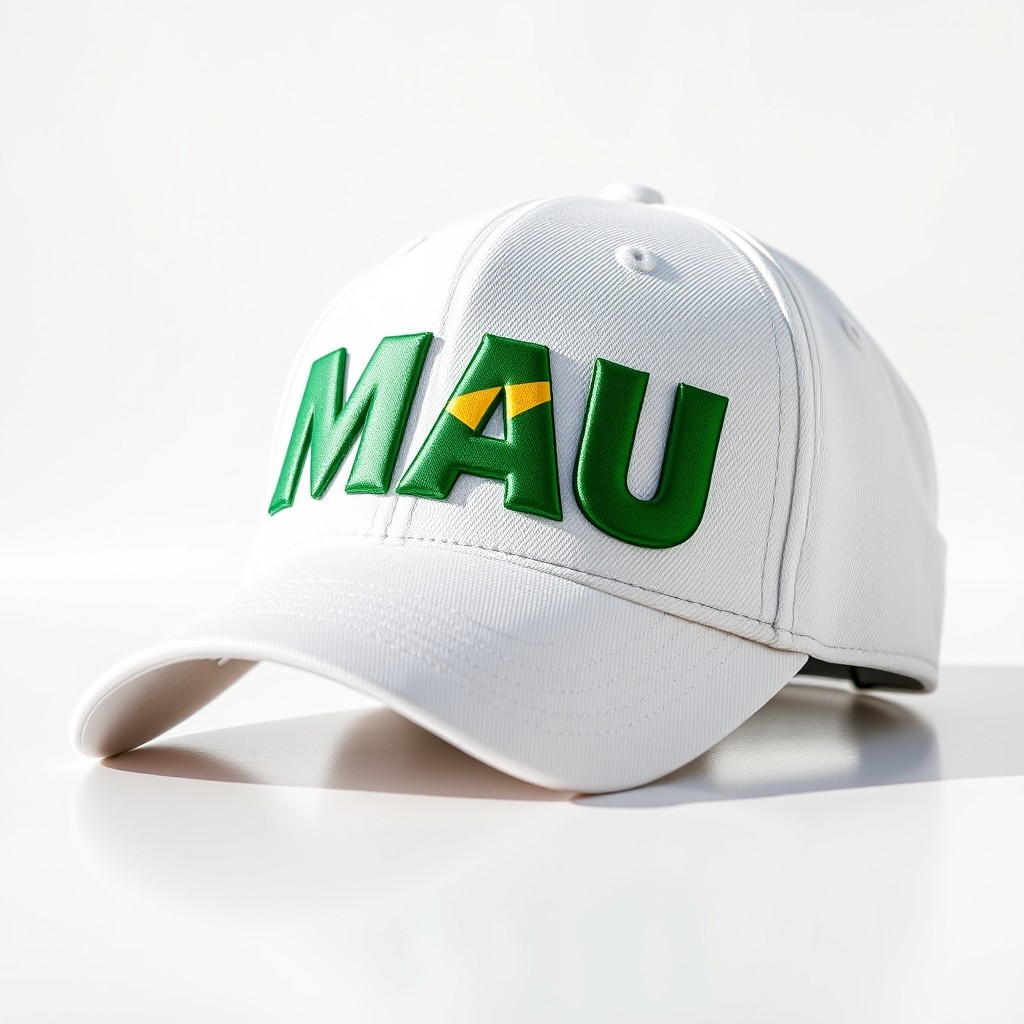 A stylish baseball cap featuring the text 'MAU' prominently displayed in Brazil's national colors: green, yellow, and blue