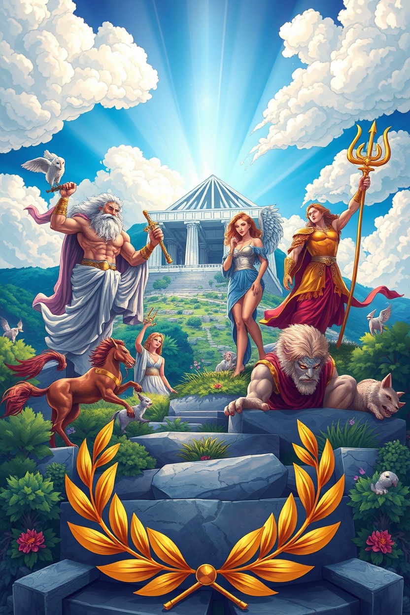A vibrant and captivating illustration inspired by Greek mythology, featuring iconic gods like Zeus with his thunderbolt, Athena in her armor with an owl, and Poseidon wielding a trident