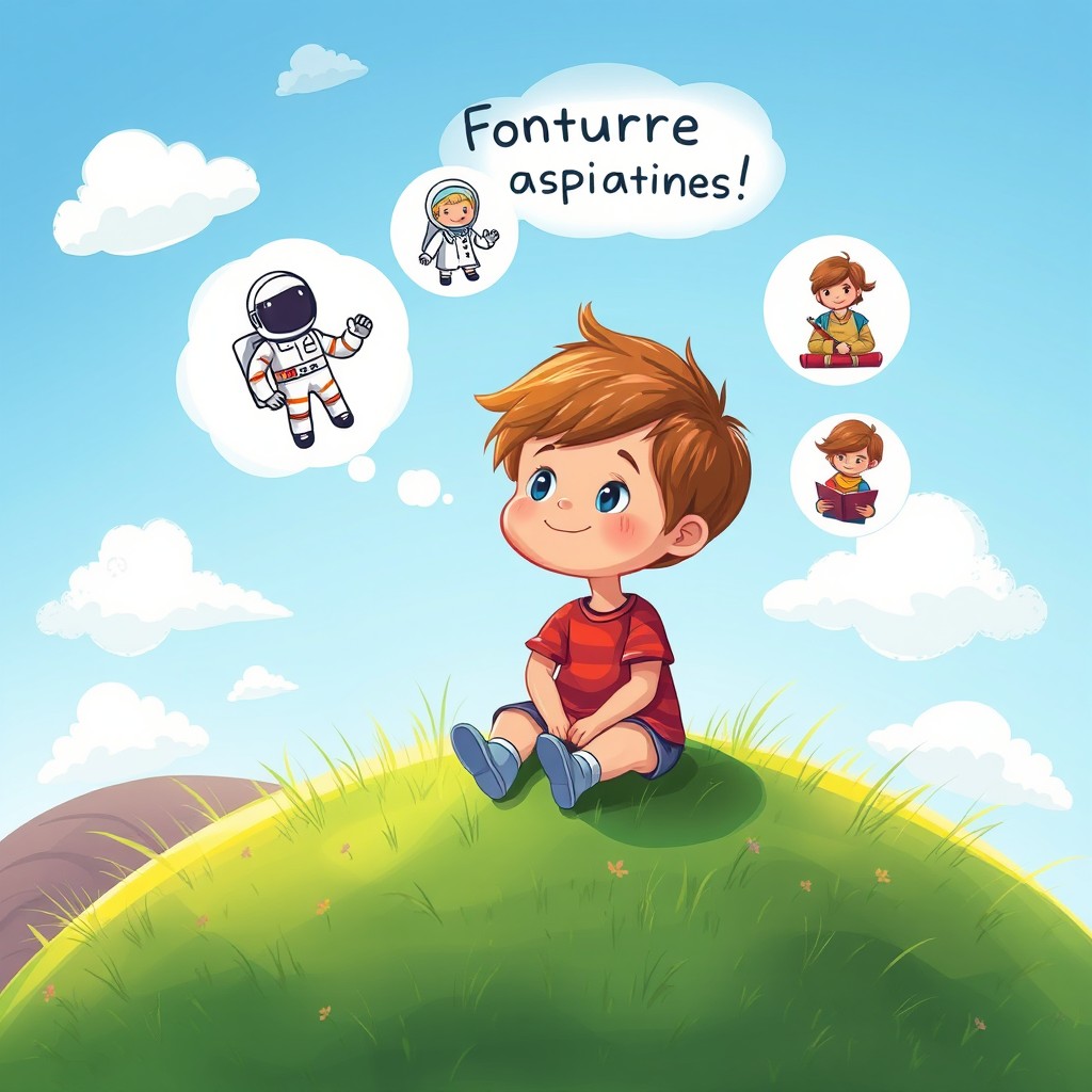 A whimsical illustration of a young child imagining their future aspirations, with a thought bubble displaying various professions such as an astronaut, a doctor, an artist, and a teacher