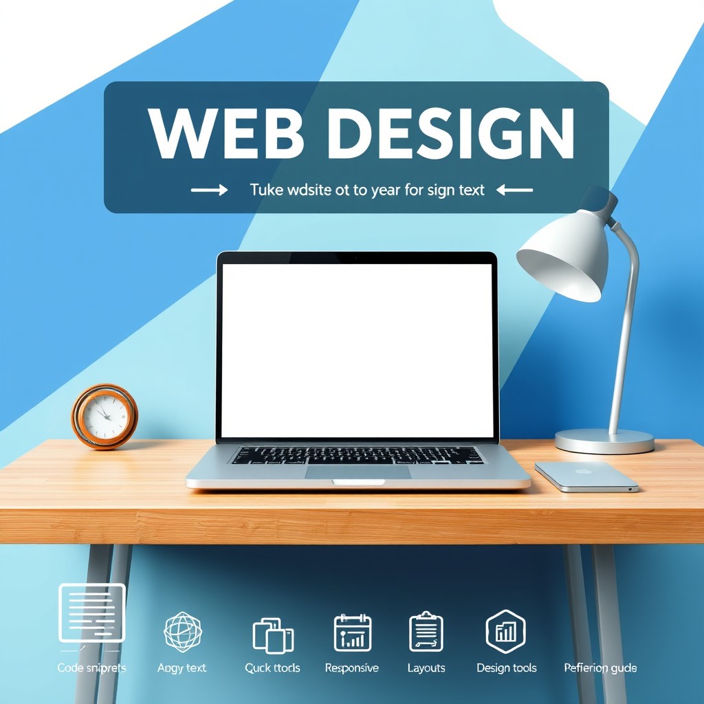 A clean and modern web design cover showcasing a sleek laptop on a stylish desk, with a vibrant color palette featuring blues, greens, and whites