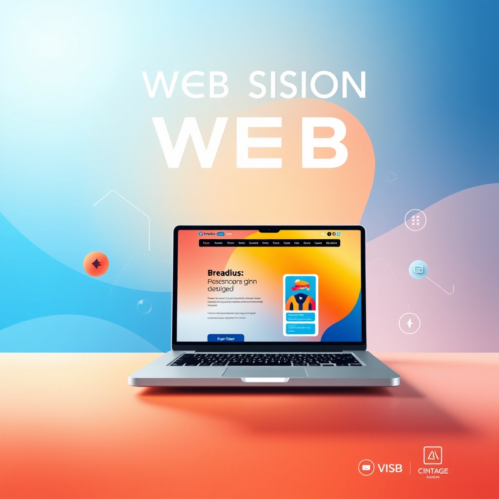 An elegant and modern web design cover featuring abstract shapes and vibrant colors, showcasing a laptop with a beautifully designed website displayed on its screen