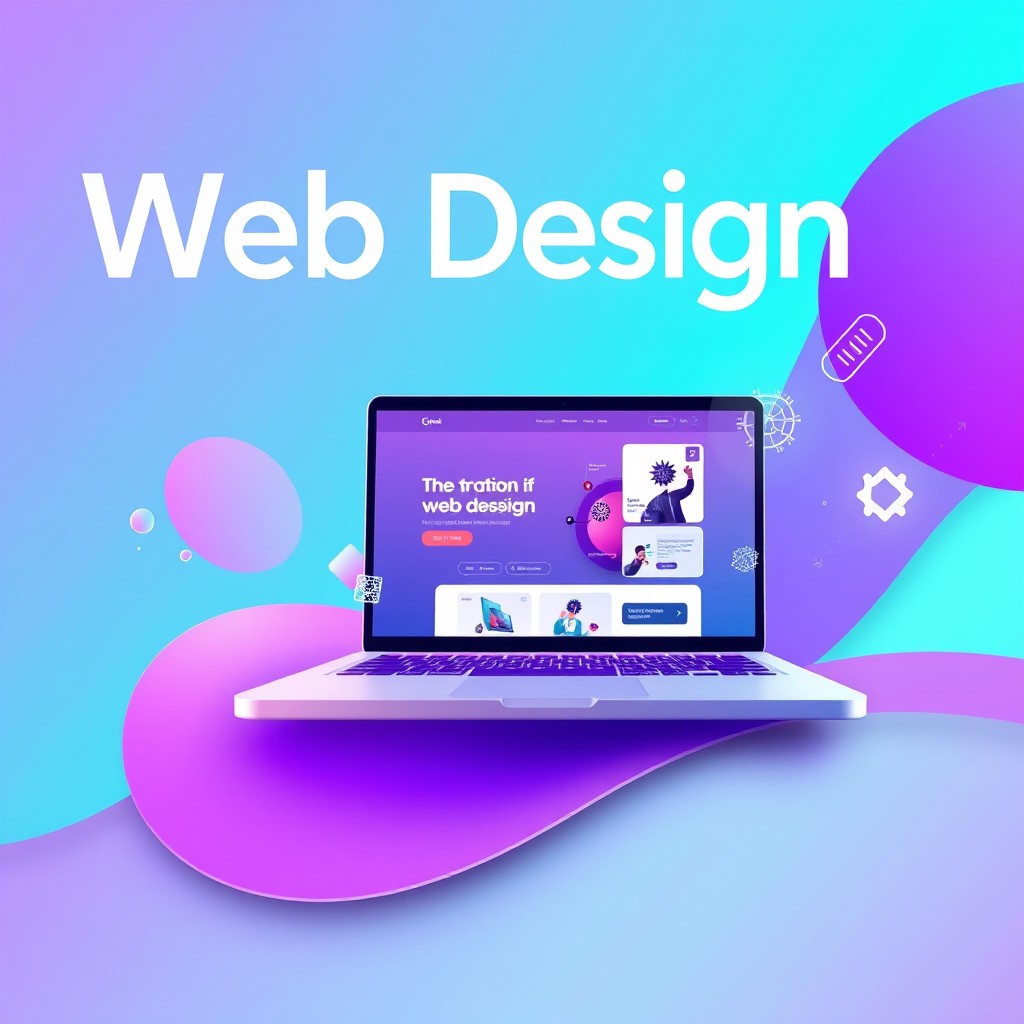 An elegant and modern web design cover featuring abstract shapes and vibrant colors, showcasing a laptop with a beautifully designed website displayed on its screen