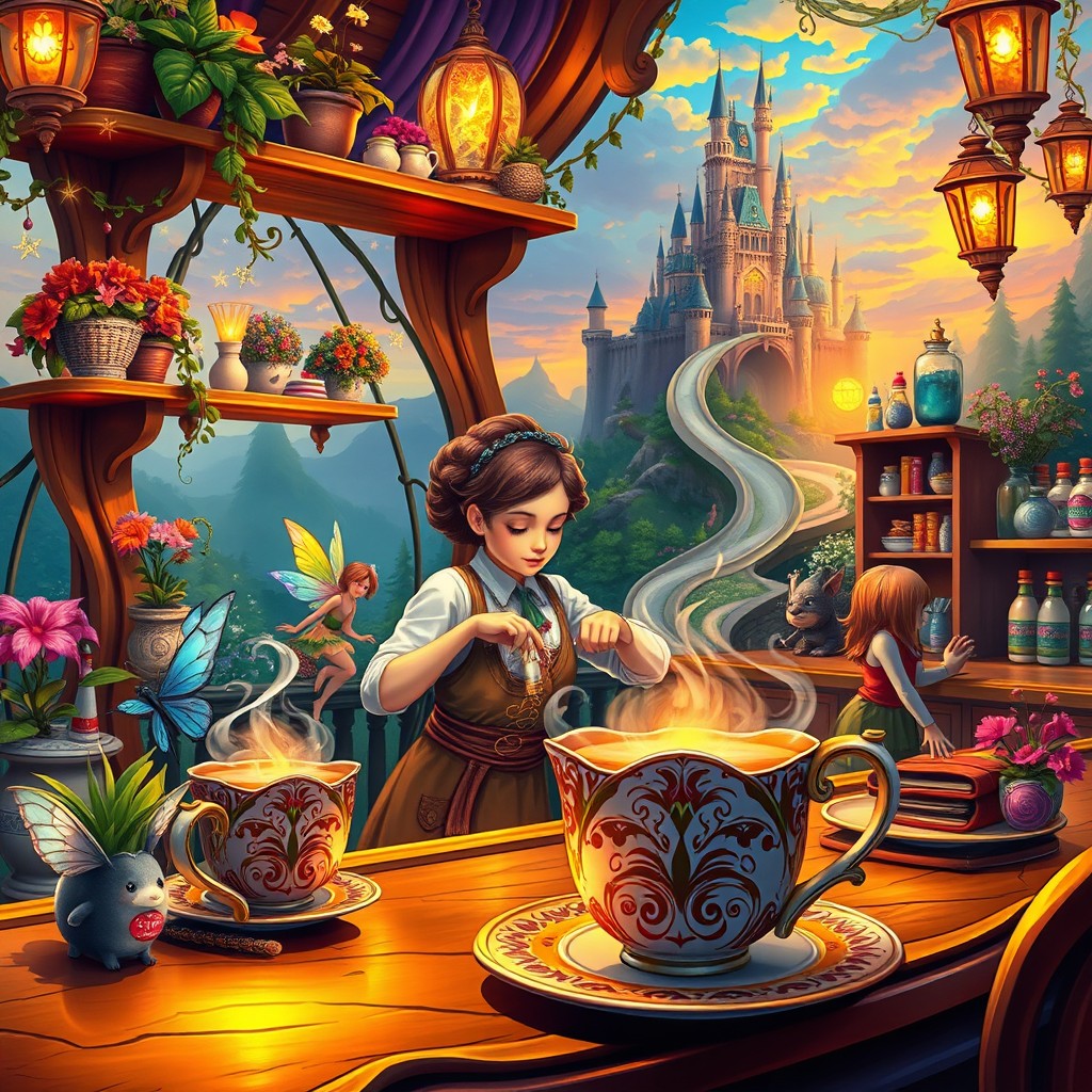 A magical coffee shop in a vibrant fantasy world, featuring an exquisite barista brewing coffee with enchanted coffee beans, surrounded by whimsical creatures like fairies and elves enjoying their drinks