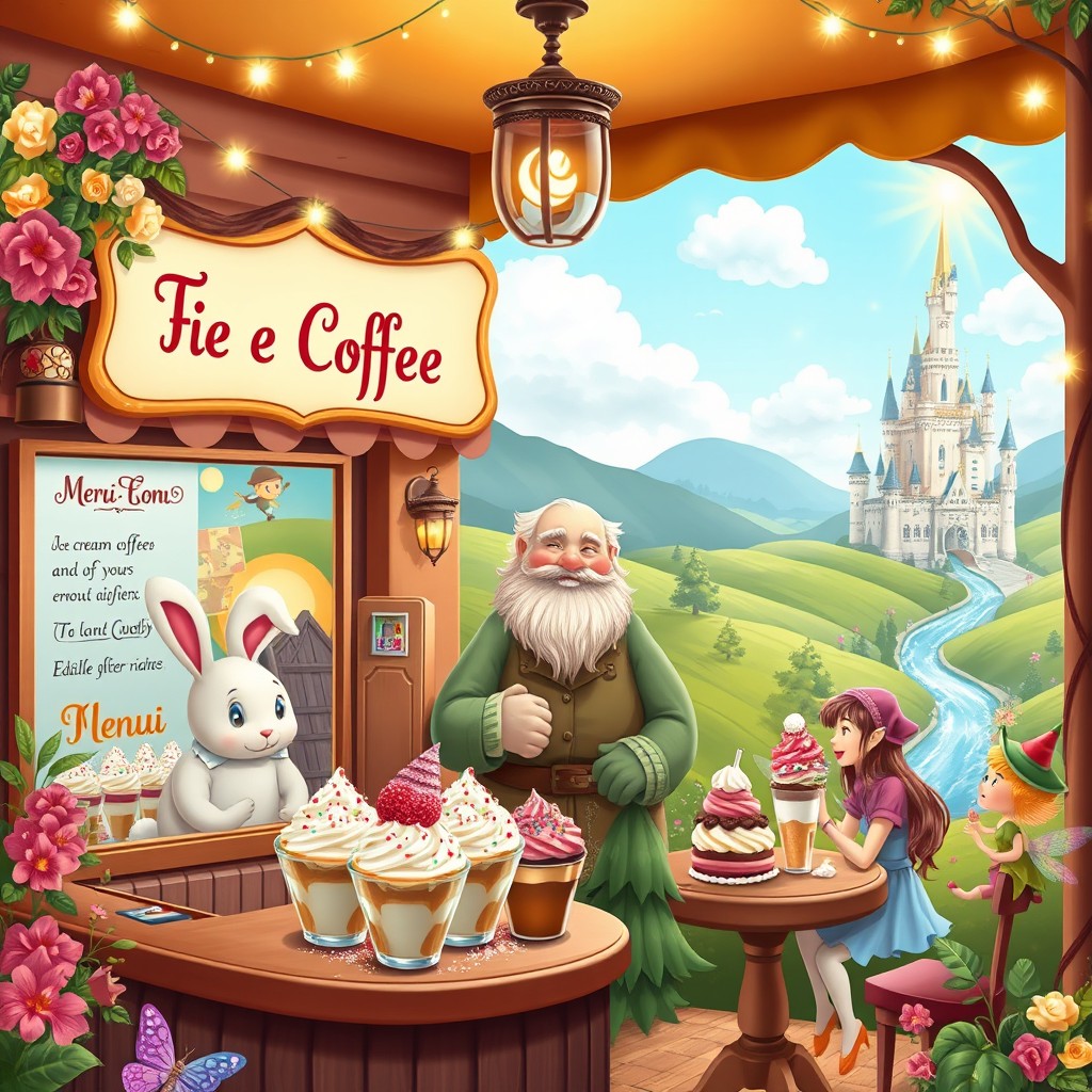 A whimsical scene depicting the best ice cream coffee in a fairy tale setting, featuring a magical café run by charming fairy tale characters like a talking rabbit and a friendly giant