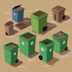 An accurate and engaging picture illustrating proper solid waste management, showing different types of waste being sorted into recycling, compost, and trash bins in a clean and safe environment.