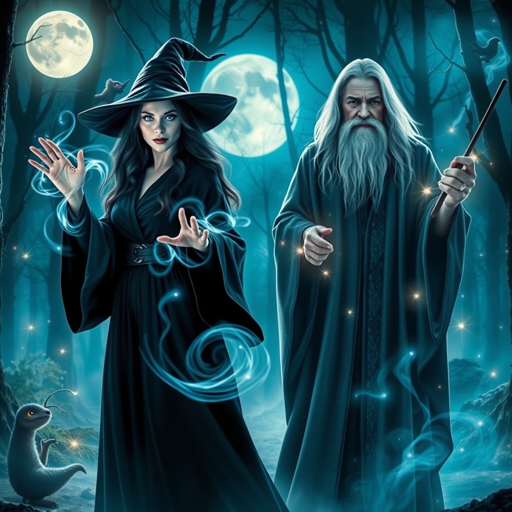 A mystical showdown between a powerful blue-eyed witch and a wizard resembling Dumbledore