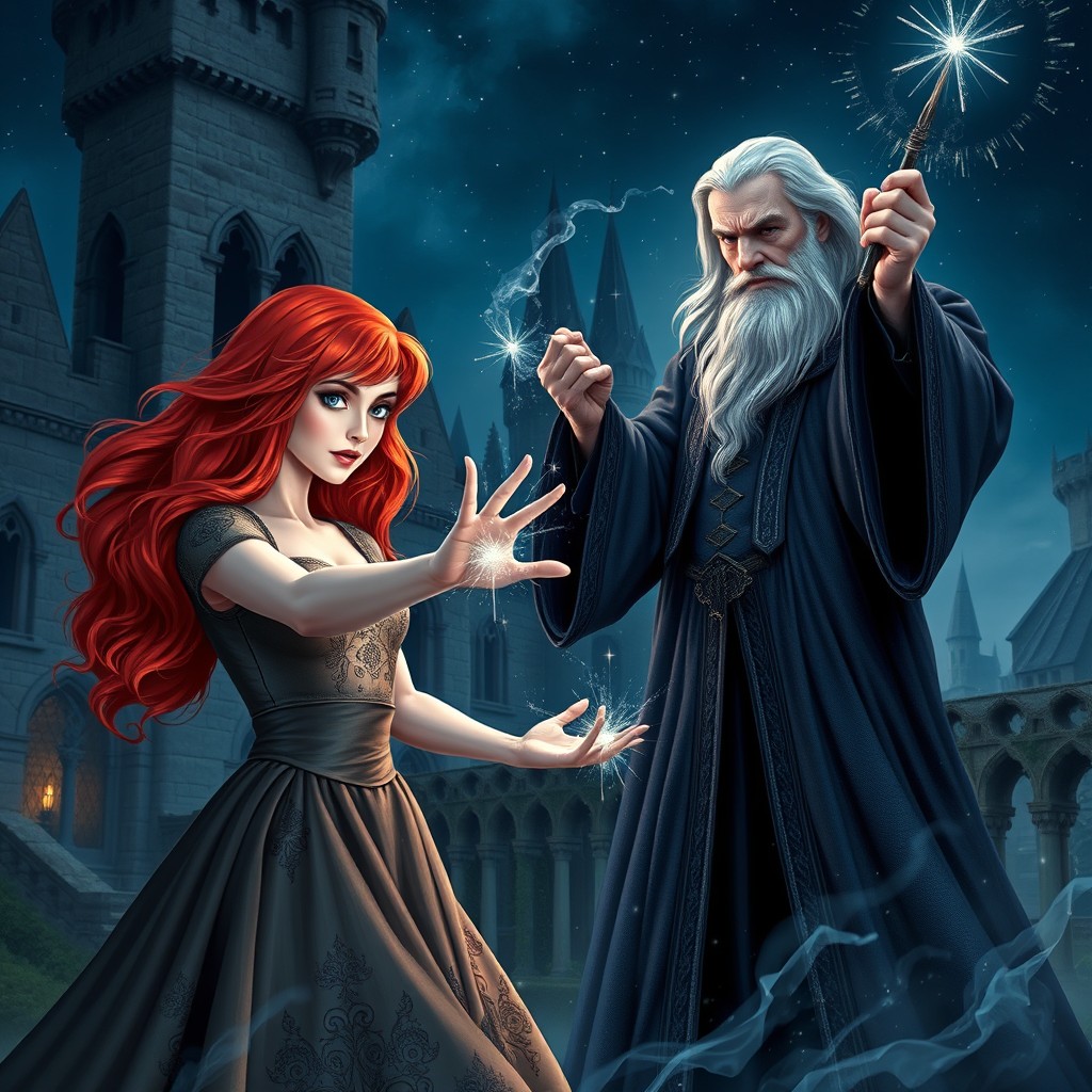 A captivating scene depicting a beautiful, girlish redhead witch with striking blue eyes, engaging in a magical battle against a wizard resembling Dumbledore