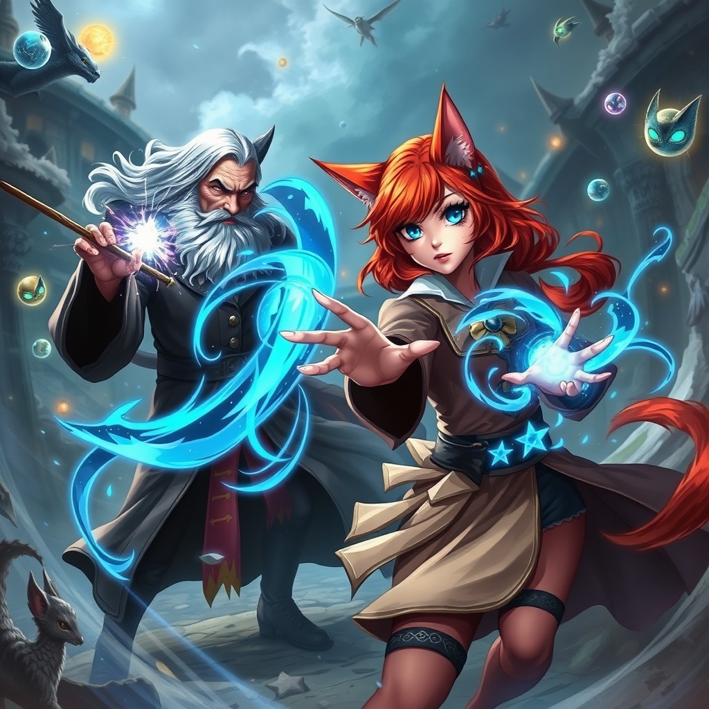 A dynamic and enchanting scene featuring a beautiful, girlish redhead cat girl animagus witch with striking blue eyes, engaging in a magical duel against a wizard resembling Dumbledore