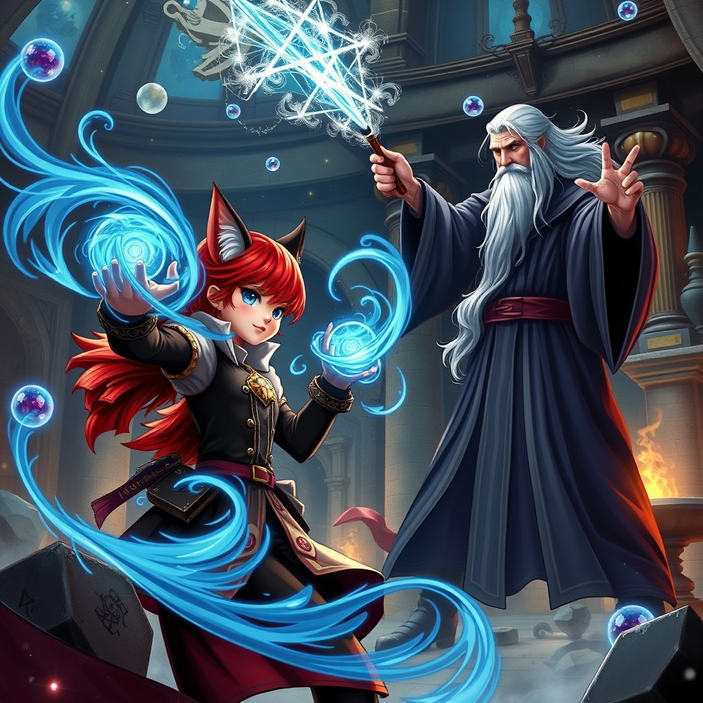 A fantastical scene depicting a beautiful, girlish redhead cat girl animagus witch with striking blue eyes, engaged in a magical duel against a wizard resembling Dumbledore