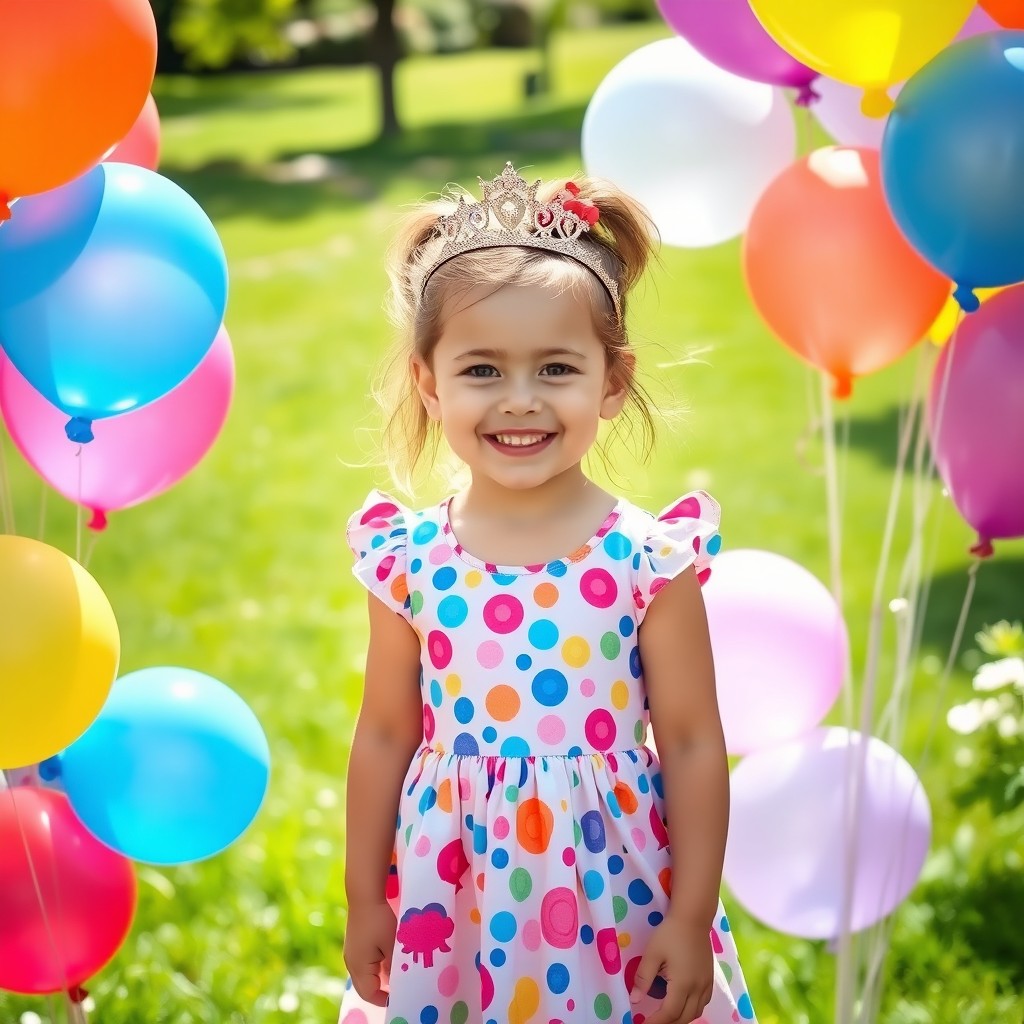 A joyful birthday celebration scene featuring a 3-year-old girl outdoors, surrounded by colorful balloons of various shapes and sizes