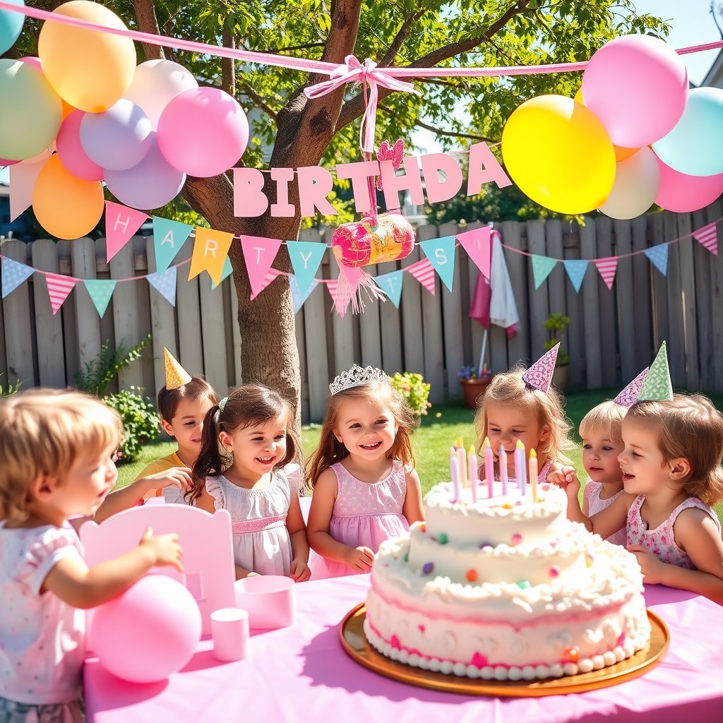 A vibrant and colorful birthday party scene for a young girl