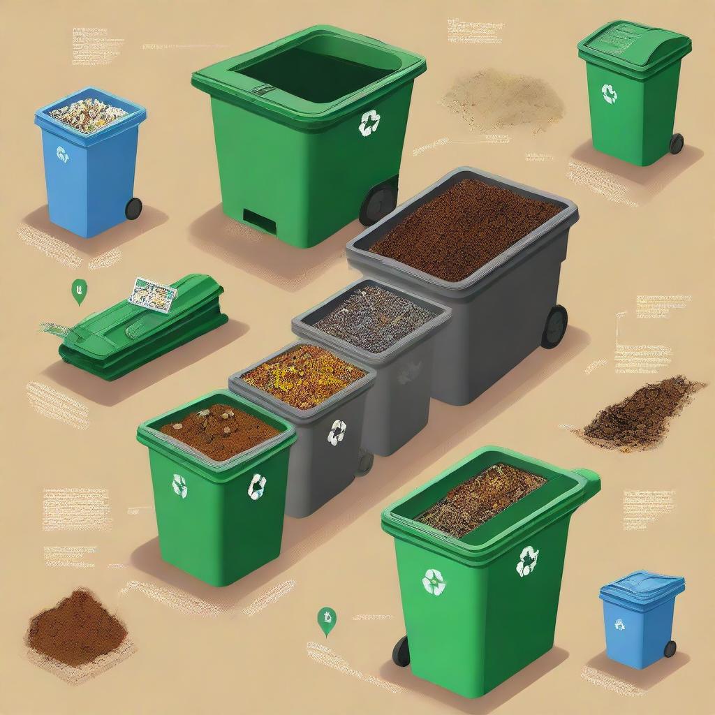 An accurate and engaging picture illustrating proper solid waste management, showing different types of waste being sorted into recycling, compost, and trash bins in a clean and safe environment.