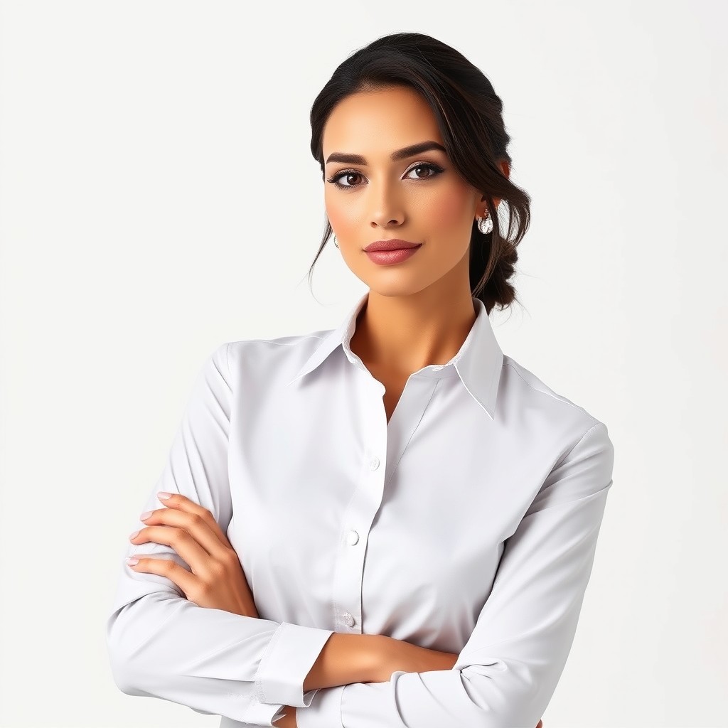 A highly professional female model posing against a clean, white background