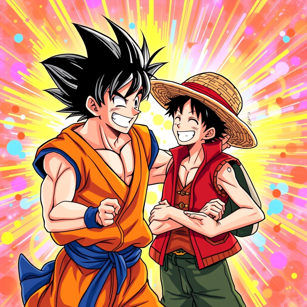 A vibrant and dynamic scene depicting Goku and Luffy in their Gear 5 forms, both characters are friendly and smiling at each other