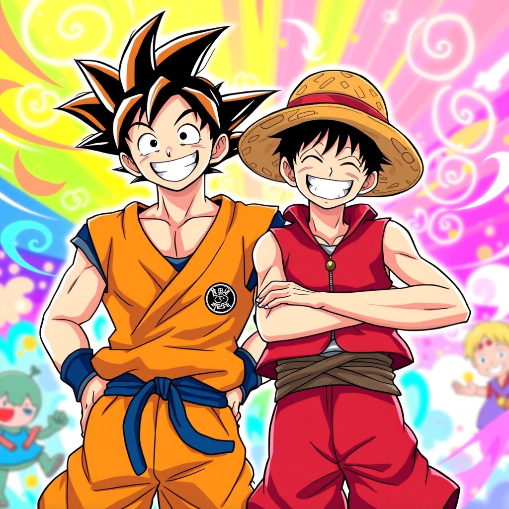 A vibrant and dynamic illustration of Goku and Luffy in their Gear 5 forms, standing side by side, both smiling widely in a friendly manner