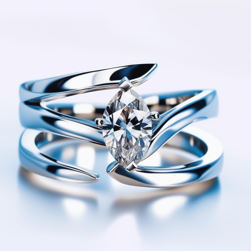 A high-quality digital image of an elegant engagement ring, featuring a brilliant round diamond and a marquise diamond set in a lustrous white gold band