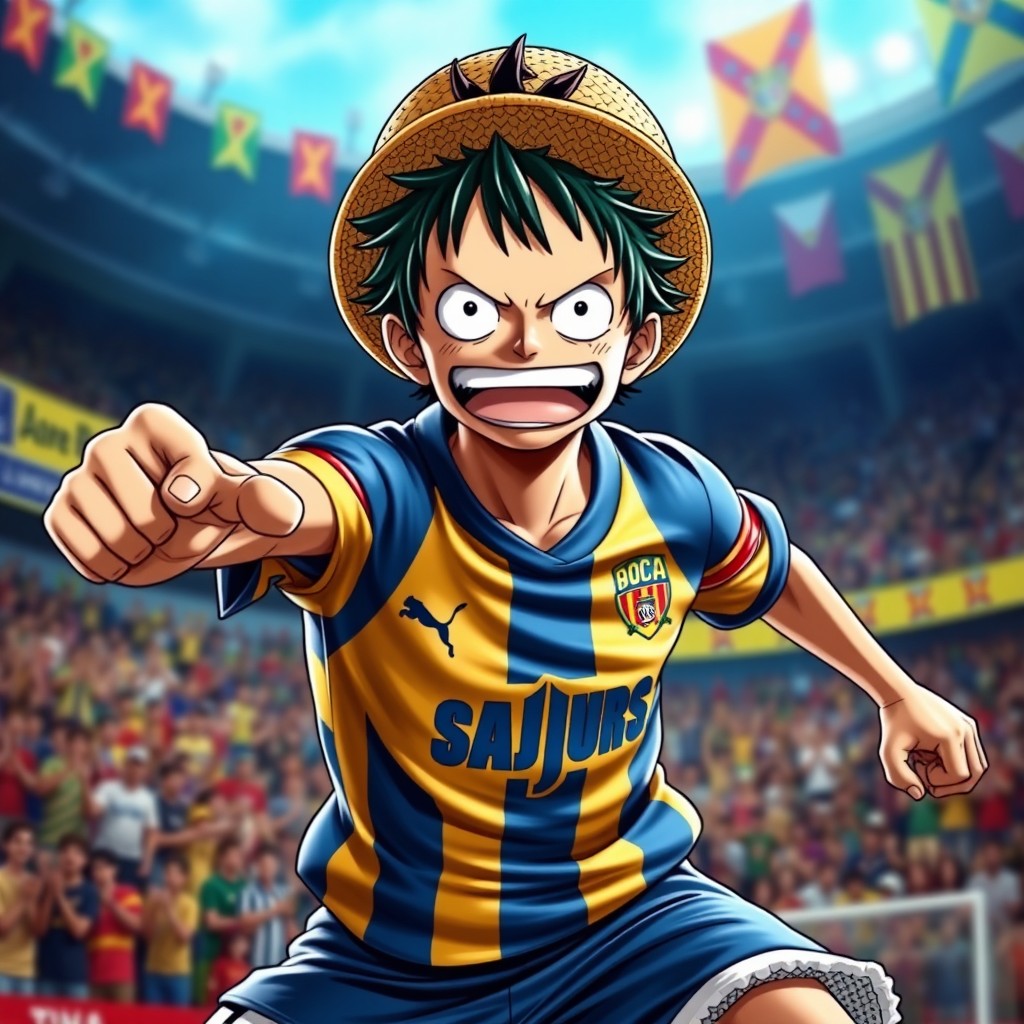 A dynamic action pose of Straw Hat Luffy in his Gear 5 form, showcasing his superhuman abilities and exaggerated features