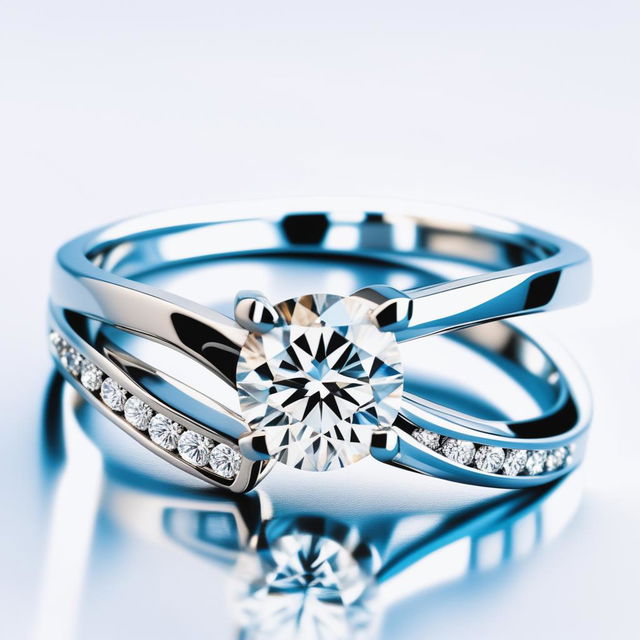 A high-quality digital image of an elegant engagement ring, featuring a brilliant round diamond and a marquise diamond set in a lustrous white gold band