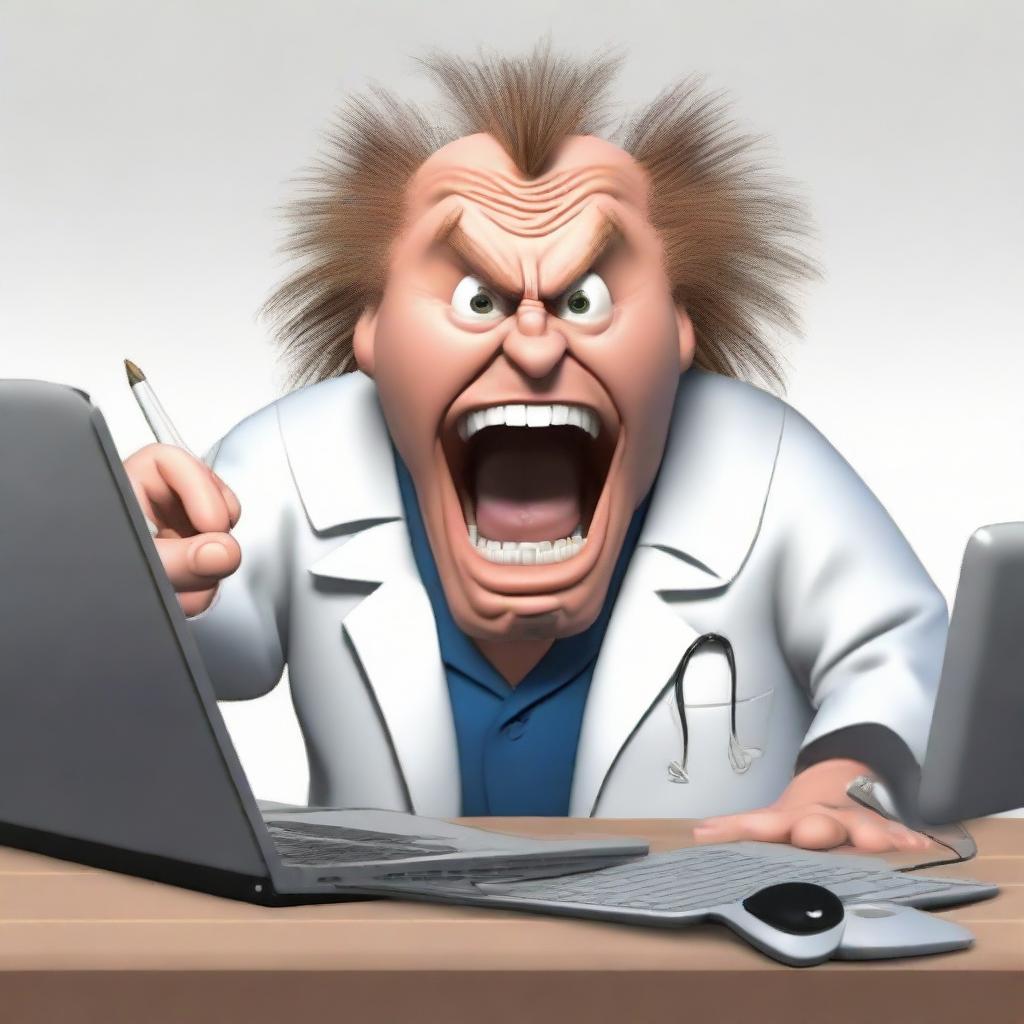 Revise the image of the angry doctor writing a research paper. He is now furiously attacking the keys on his computer, mouth open mid-roar, conveying an intense amount of frustration and ire.