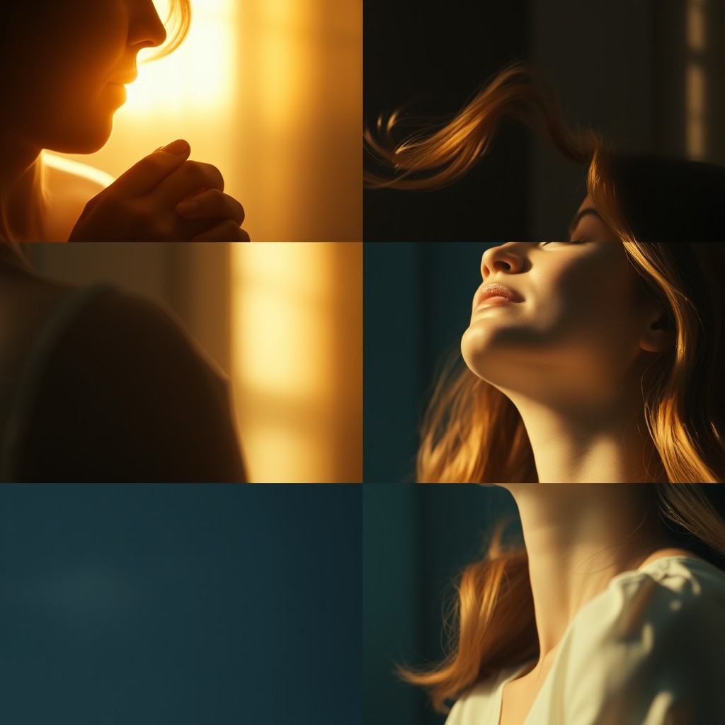 A poetic, cinematic scene composed of three vignettes with soft lighting and a reflective mood