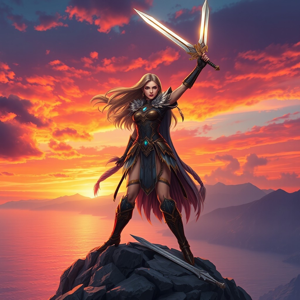 A beautiful female warrior standing atop a rocky cliff at sunset, with a dramatic sky filled with orange, pink, and purple hues