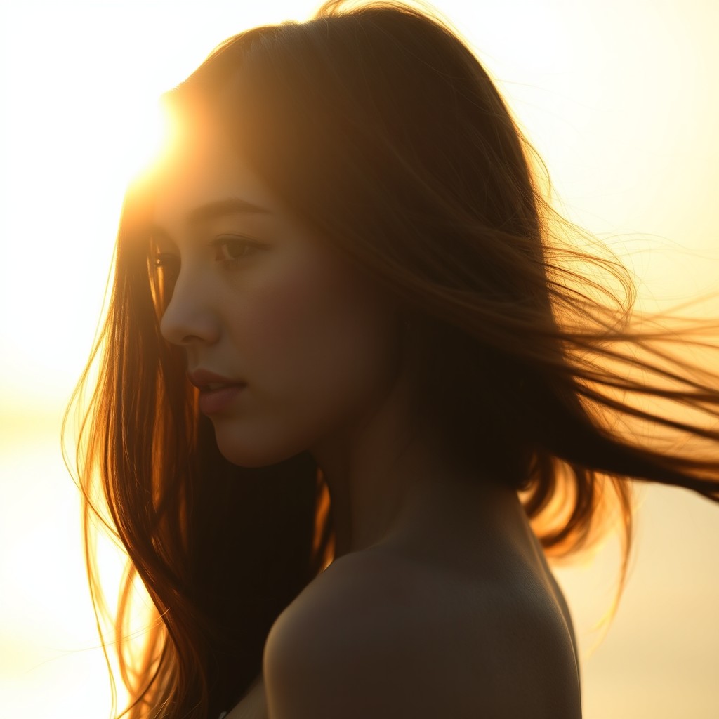 A dreamy side view of a woman with long hair flowing in the wind, backlit by the golden hour sunlight which creates a glowing halo around her hair