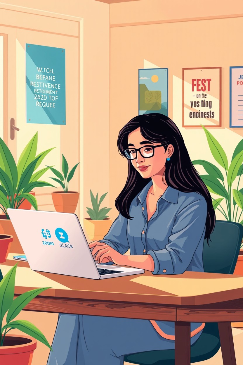 An insightful illustration of a Bangladeshi freelancer in a vibrant, open workspace, engaging in a video call with a client