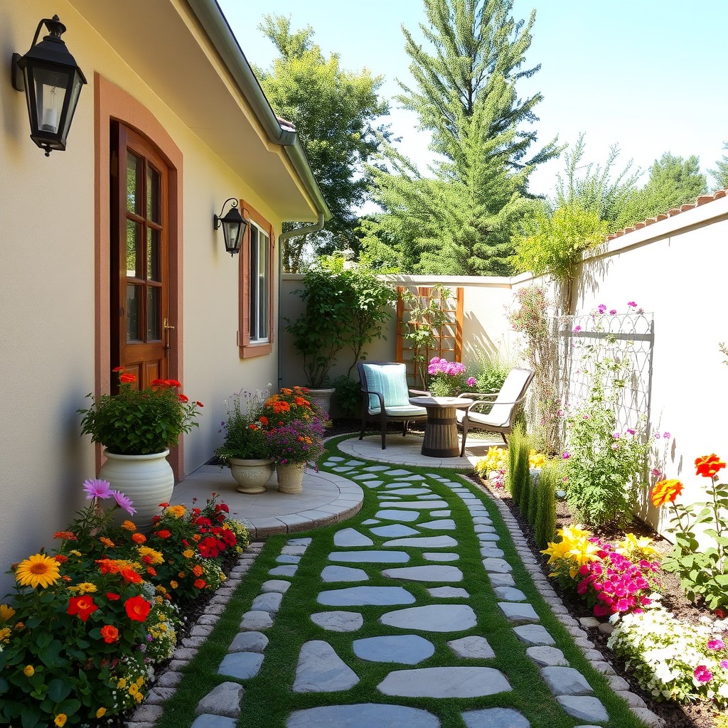 A beautifully arranged entrance of a house featuring a vibrant garden, with a pathway made of decorative stones as shown in the attached reference image