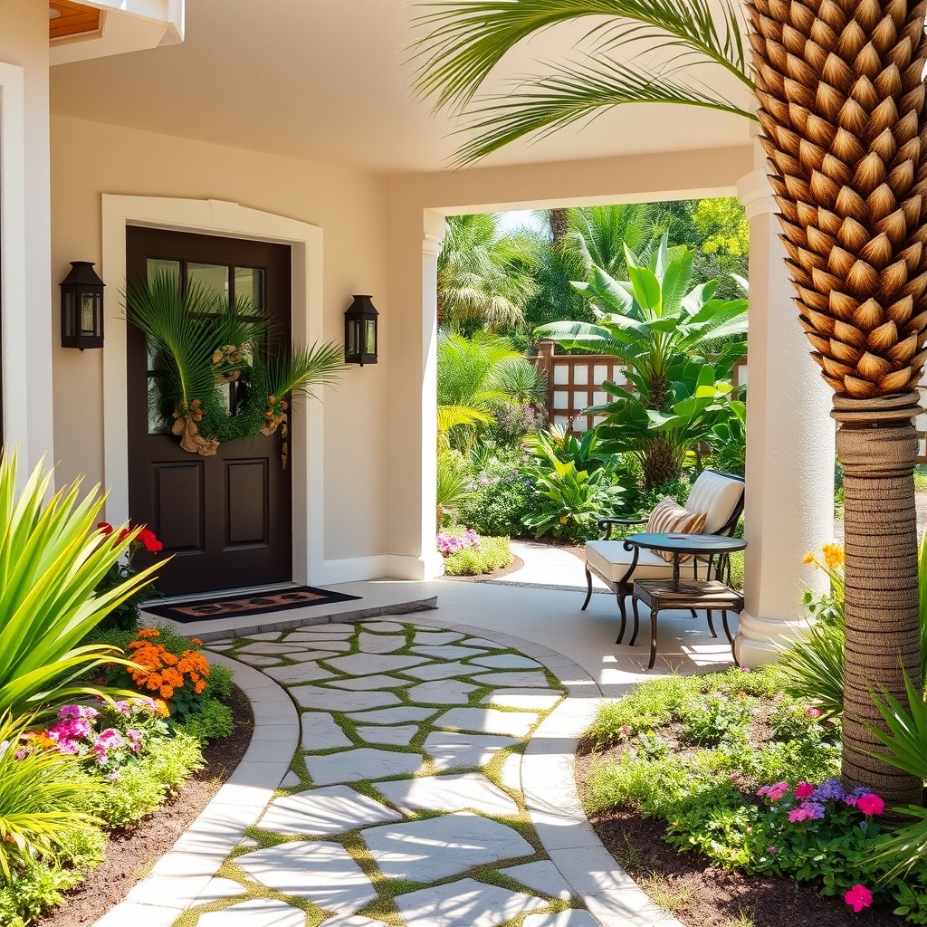 A beautifully arranged entrance of a house featuring a vibrant garden, incorporating existing elements such as a front door and a palm tree