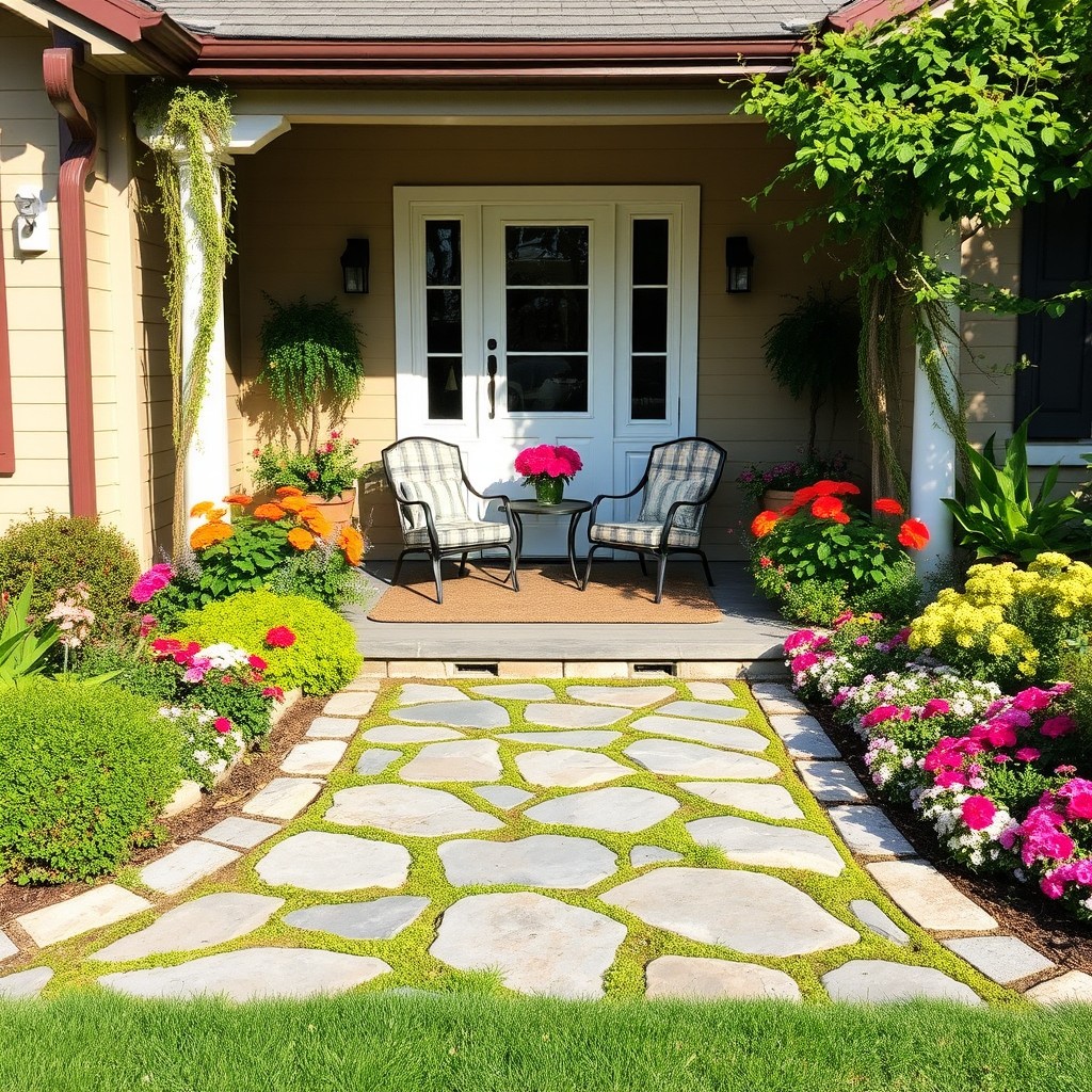 A beautifully arranged entrance of a house featuring a vibrant garden, keeping all existing elements intact