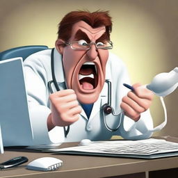 Revise the image of the angry doctor writing a research paper. He is now furiously attacking the keys on his computer, mouth open mid-roar, conveying an intense amount of frustration and ire.